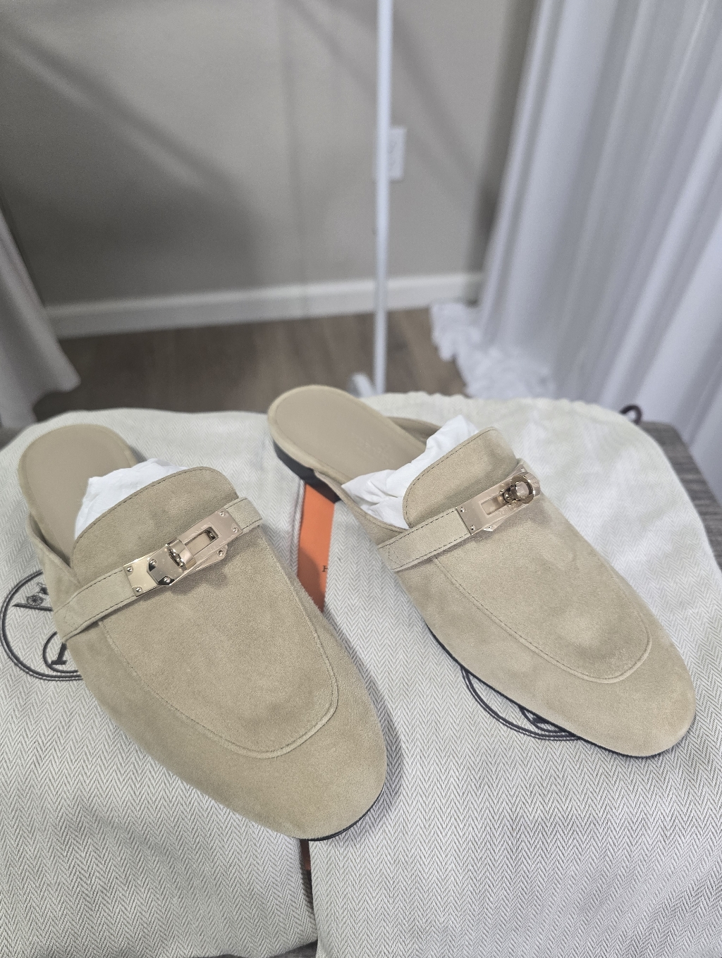 Hermes  Beige Suede Oz Mules Gold Hardware  Brand New